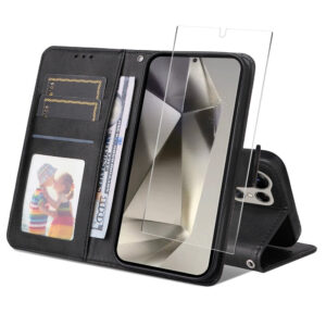 Samsung Galaxy S25 Ultra 2-en-1 Couverture de rabat à gamme en cuir artificiel avec écran Protecteur Samsung Galaxy Samsung Galaxy S25 Ultra 2-en-1 Couverture de revers en cuir artificiel avec protection d'écran en verre noir