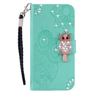 Samsung Galaxy S25 + (plus) Couverture de feuillette en cuir artificiel avec Uglemotiv – Turkiseiderwood Samsung Galaxy S25 + (plus) Couverture de revers en cuir artificiel avec motif de hibou – turquoise