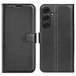 Samsung Galaxy S25 + (Plus) boîtier de portefeuille en cuir avec texture litchi et chocsorbing – case de portefeuille en cuir SortIdwood Samsung Galaxy S25 + (plus) avec texture litchi et choc – noir – noir