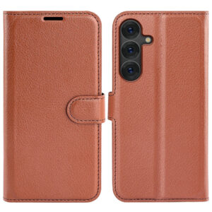 Samsung Galaxy S25 + (Plus) Boîtier de portefeuille en cuir avec texture litchi et chocsorbing – Bruneiderwood Samsung Galaxy S25 + (Plus) Baulet en cuir avec texture litchi et absorption de choc – marron