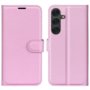 Samsung Galaxy S25 + (Plus) Boîtier de portefeuille en cuir avec texture litchi et Shockabsorbing – Pink Samsung Galaxy S25 + (Plus) Wallet en cuir avec texture litchi et bébé choquant – rose rose