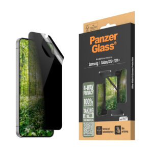 Samsung Galaxy S25 + (plus) Panzerglass Eco Matrix 4-Way Privacy SkærmbeskyTtelse Ultra Wide Fit – Alignerkit – Platinum Strength Gennemsigtig