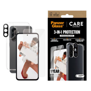 Soins par Panzerglass Samsung Galaxy A56 (5G) 3 -in -1 Fonctionnement phare – Protection de couverture / écran (UWF) / Protection des caméras – Soins transparents par Panzerglass Samsung Galaxy A56 (5G) 3 -in -1 Flagship – Protection de couverture / écran