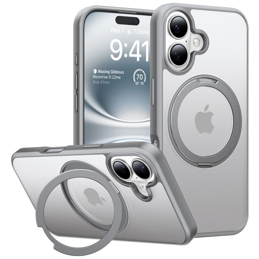 Torras iPhone 16 Couvercle en plastique flexible M. Ring Kickstand – Magsafe Compatible – Grey Antas iPhone 16 Couvercle en plastique flexible avec Kickstand Call – Magsafe compatible – Gray 1