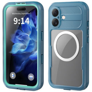 Iphone 16 Couverture d'artisan imperméable avec protection contre l'écran et sangle – Magsafe compatible – transparent / Blueiphone 16 Couverture d'artisan imperméable avec protection et sangle d'écran – Magsafe compatible – transparent /