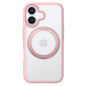 Torras iPhone 16 Hybrid Plastics Cover avec bague rotable Kickstand – Magsafe compatible – transparent / rose Torras iPhone 16 Couverture en plastique hybride avec bague rotable – Magsafe compatible – transparent / rose