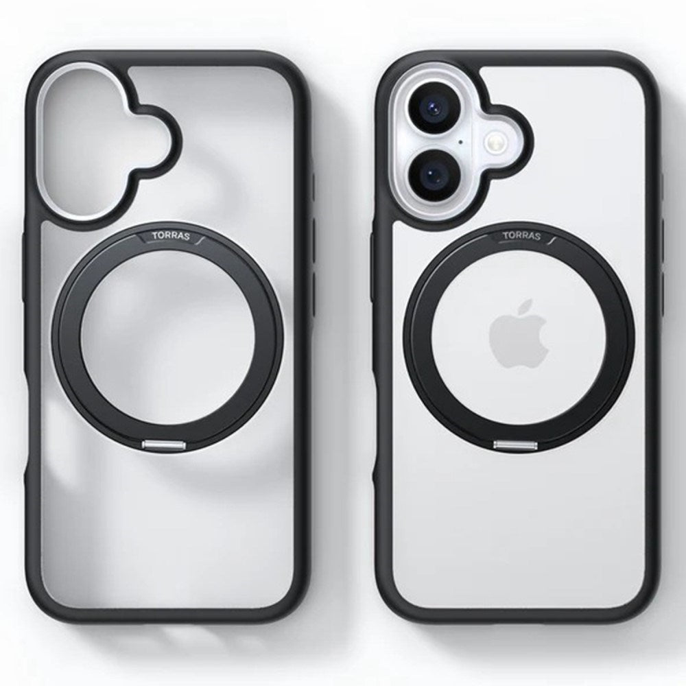 Torras iPhone 16 Hybrid Plastic Cover avec anneau de kickstand rotable – Magsafe compatible – transparent / noir Torras iPhone 16 Couverture en plastique hybride avec bague rotable – Magsafe compatible – transparent / noir 2