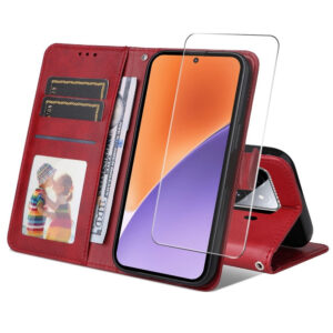 Xiaomi 15 Couvercle de rabat en cuir artificiel avec sangle et protection d'écran – Rediderwood Xiaomi 15 Couvercle de revers en cuir artificiel avec sangle et protection d'écran – rouge