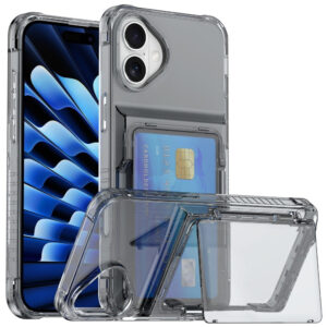 Couverture en plastique hybride iPhone 16 avec support de carte – Couvercle en plastique hybride transparent iPhone 16 avec porte-carte – noir transparent Couverture en plastique hybride iPhone 16 avec support de carte – Couvercle en plastique hybride transparent iPhone 16 avec porte-carte – noir transparent