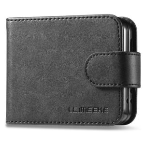 Samsung Galaxy Z Flip6 Art Leader Flip Cover avec support de carte et fonction du support – Sortidwood Samsung Galaxy Z Flip6 Couverture de feuillette en cuir artificiel avec porte-carte et fonction du support – noir