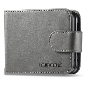 Samsung Galaxy Z Flip6 Couvercle de feuillette en cuir artificiel avec porte-carte et fonction du support – Grayiderwood Samsung Galaxy Z Flip6 Couvercle de revers en cuir artificiel avec support de carte et fonction du support – Gray