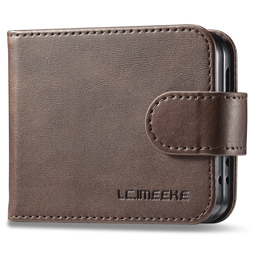 Samsung Galaxy Z Flip6 Couverture de feuillette en cuir artificiel avec support de carte et fonction du support – Brownerwood Samsung Galaxy Z Flip6 Couvercle en cuir artificiel avec support de carte et fonction du stand – brun foncé