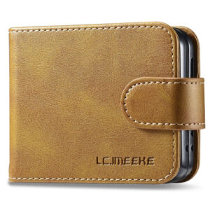 Samsung Galaxy Z Flip6 Couvercle de feuillette en cuir artificiel avec porte-carte et fonction du support – Brownidwood Samsung Galaxy Z Flip6 Couvercle en cuir artificiel avec porte-carte et fonction du support – brun clair