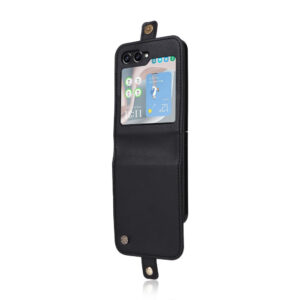 Samsung Galaxy Z Flip6 Couverture de feuillette en cuir artificiel avec porte-carte – Sortidwood Samsung Galaxy Z Flip6 Couvercle en cuir artificiel avec support de carte – noir