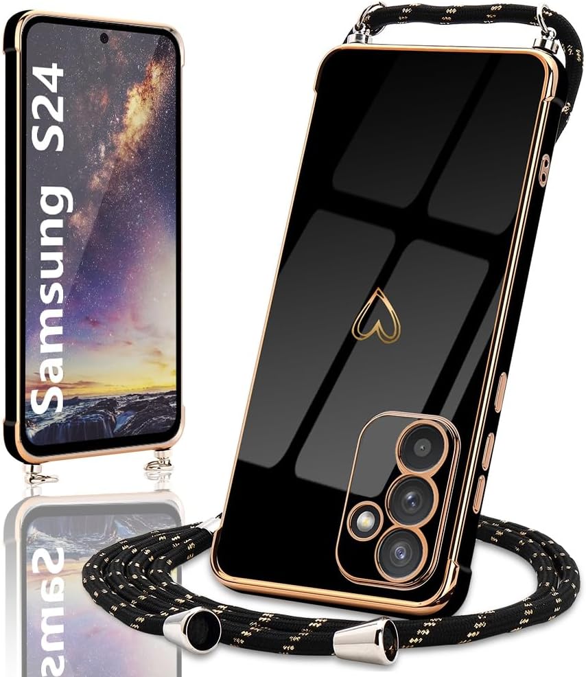 Coque samsung S24 - Étui MICODEN pour Samsung Galaxy S24 5G Silicone avec collier avec un joli coeur d'amour avec une sangle de cou longe pour Samsung Galaxy S24 5G (noir) – Image 2