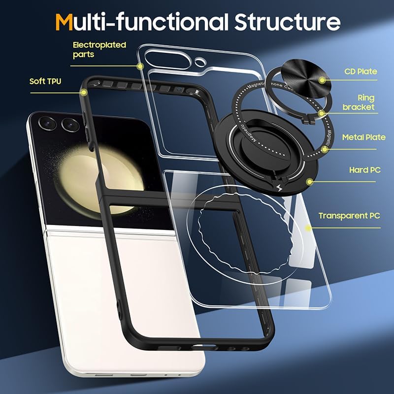 Coque galaxy z flip 6 - Yarxiawin Coque pour Samsung Galaxy Z Flip 6 Transparente, Anneau Magnétique Support pour Samsung Flip 6 Coque Compatible avec Magsafe Charger Slim Antichoc Rigide (Noir) – Image 4