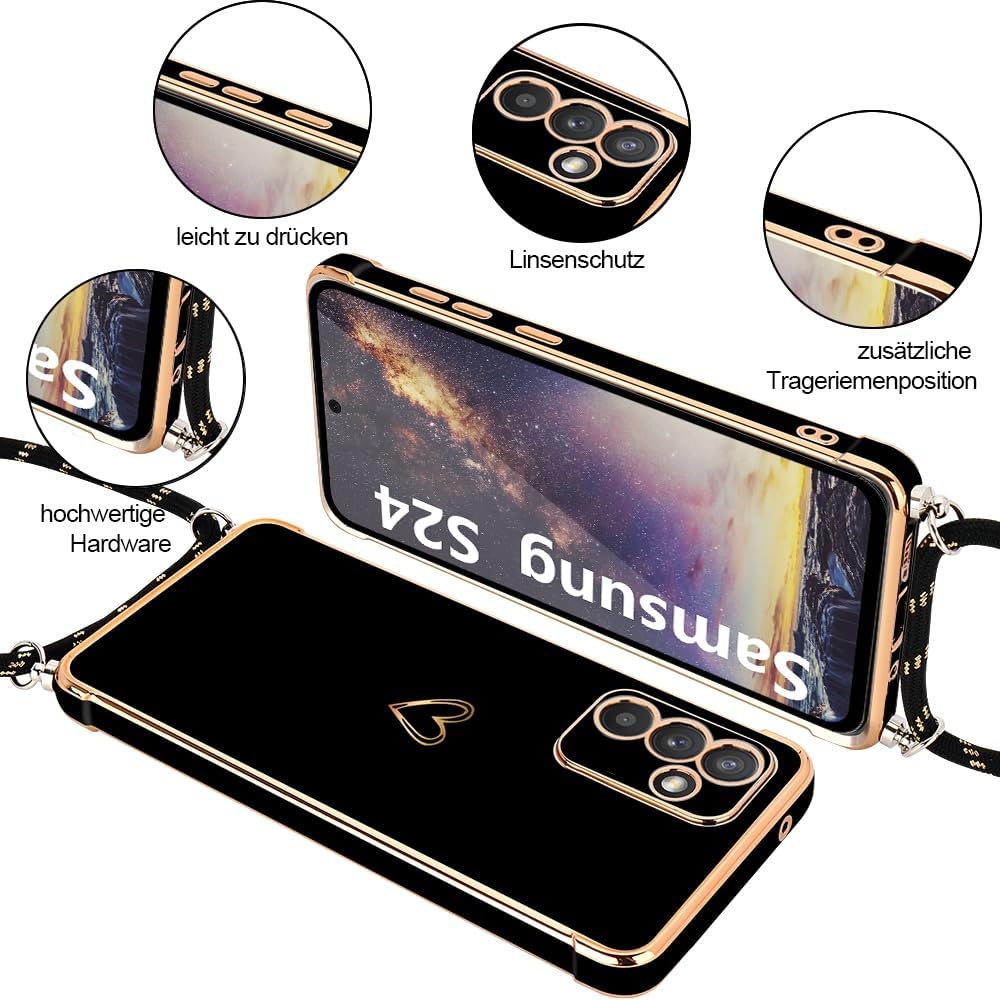 Coque samsung S24 - Étui MICODEN pour Samsung Galaxy S24 5G Silicone avec collier avec un joli coeur d'amour avec une sangle de cou longe pour Samsung Galaxy S24 5G (noir) – Image 4