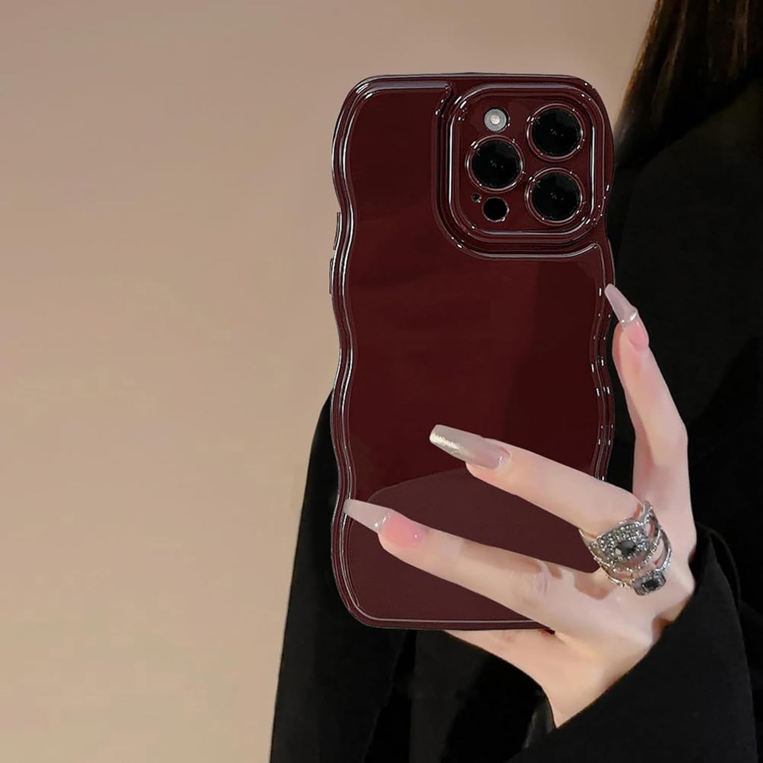 Coque iPhone 15 - ZTOFERA Coque pour iPhone 15, bouclés ondulés, couleur unie, cadre simple, résistant aux chocs, coque en silicone souple pour iPhone 15, vin rouge – Image 2