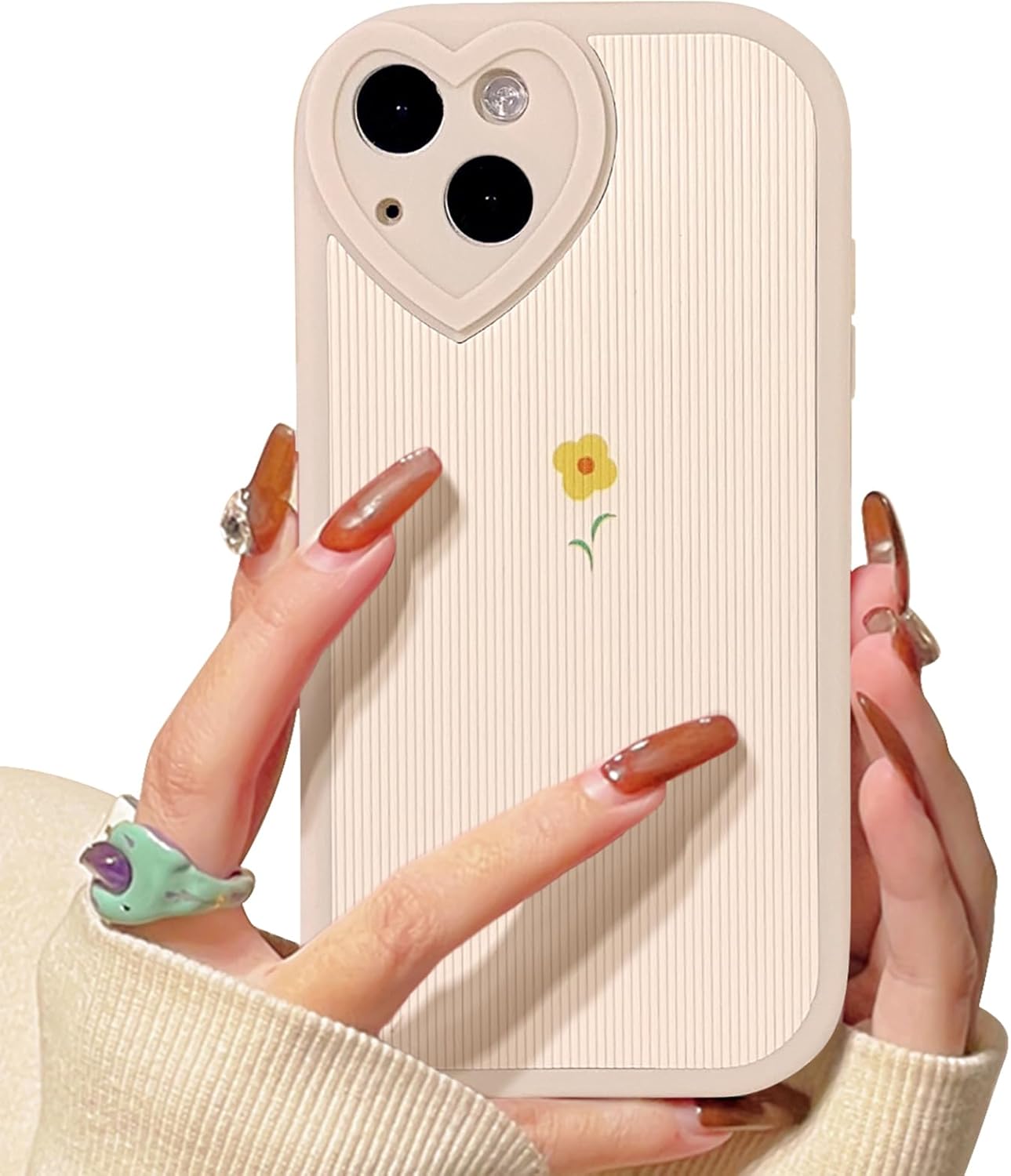 Coque iPhone 14 - Nititop iPhone 14 Case de motif de fleur mignon conception avec amour pour les femmes couverture de boîtier à carreaux de choc en silicone doux - fleur jaune – Image 2