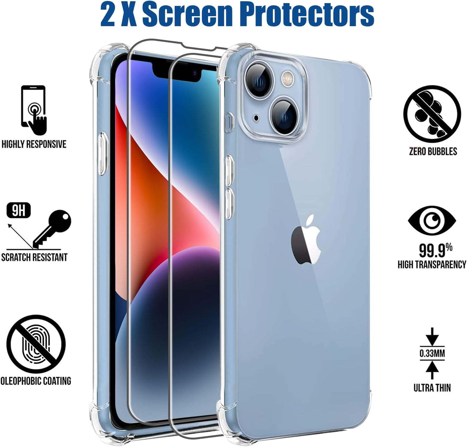 Coque iPhone 14 - Coque pour iPhone 14, Coque transparente pour iPhone 14 avec 2 films de protection d'écran en verre trempé et 1 protecteur de caméra arrière, coque en silicone TPU souple pour iPhone 14 6,1 pouces – Image 5