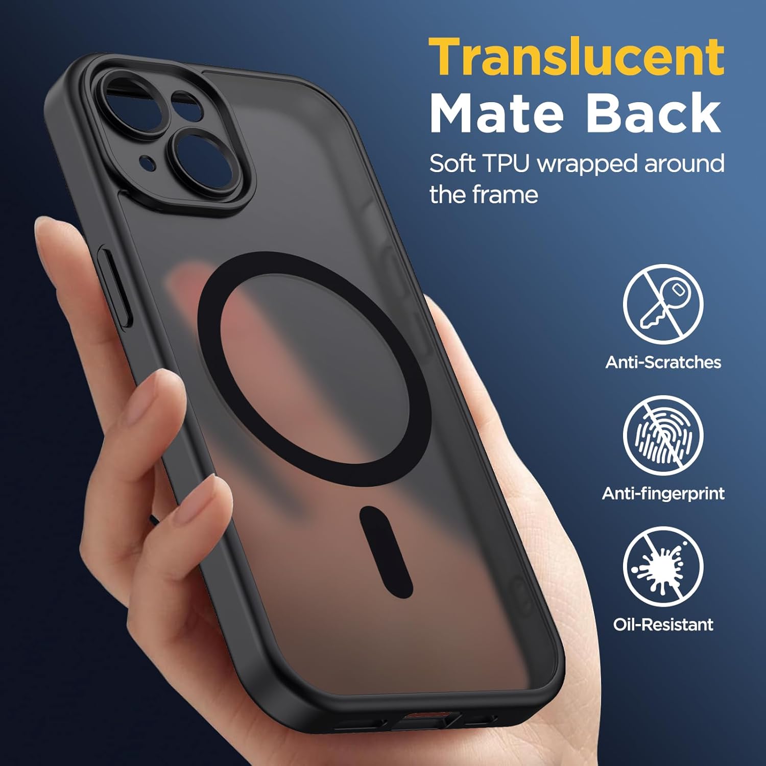 Coque iPhone 15 - Oududianzi - Coque iPhone 15 Compatible avec MagSafe Magnétique, Translucide Givré PC Back Cover, TPU Silicone Bumper Case Antichoc Militaire Anti-empreintes digitales Protection - Noir – Image 4