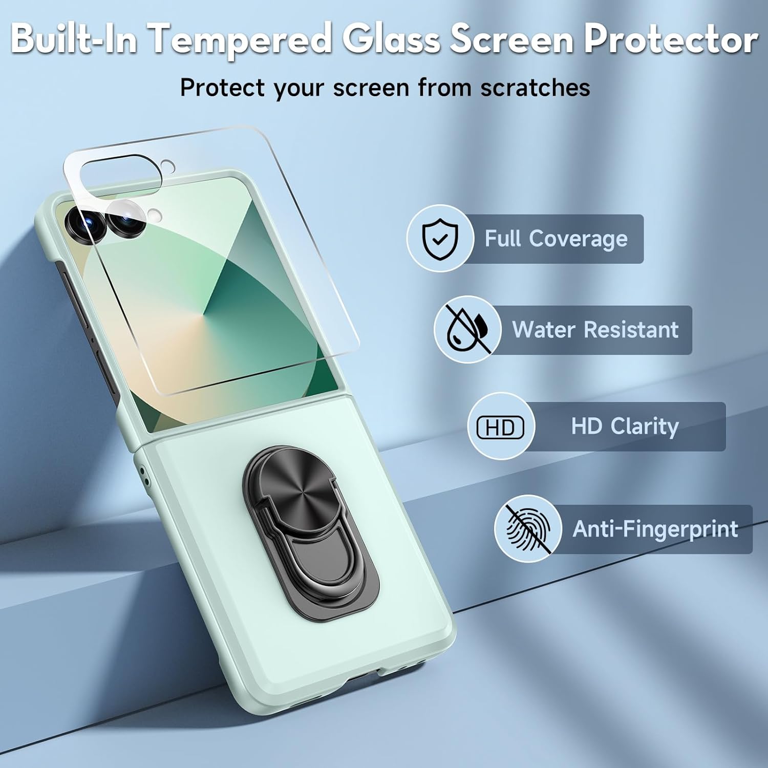 Case FewDew pour Samsung Galaxy Z Flip 7 avec protecteur d'écran et charnière, case rotation rotative à 360 °, couvercle de boîtier à amortisseur Galaxy Z Flip 7, menthe – Image 4