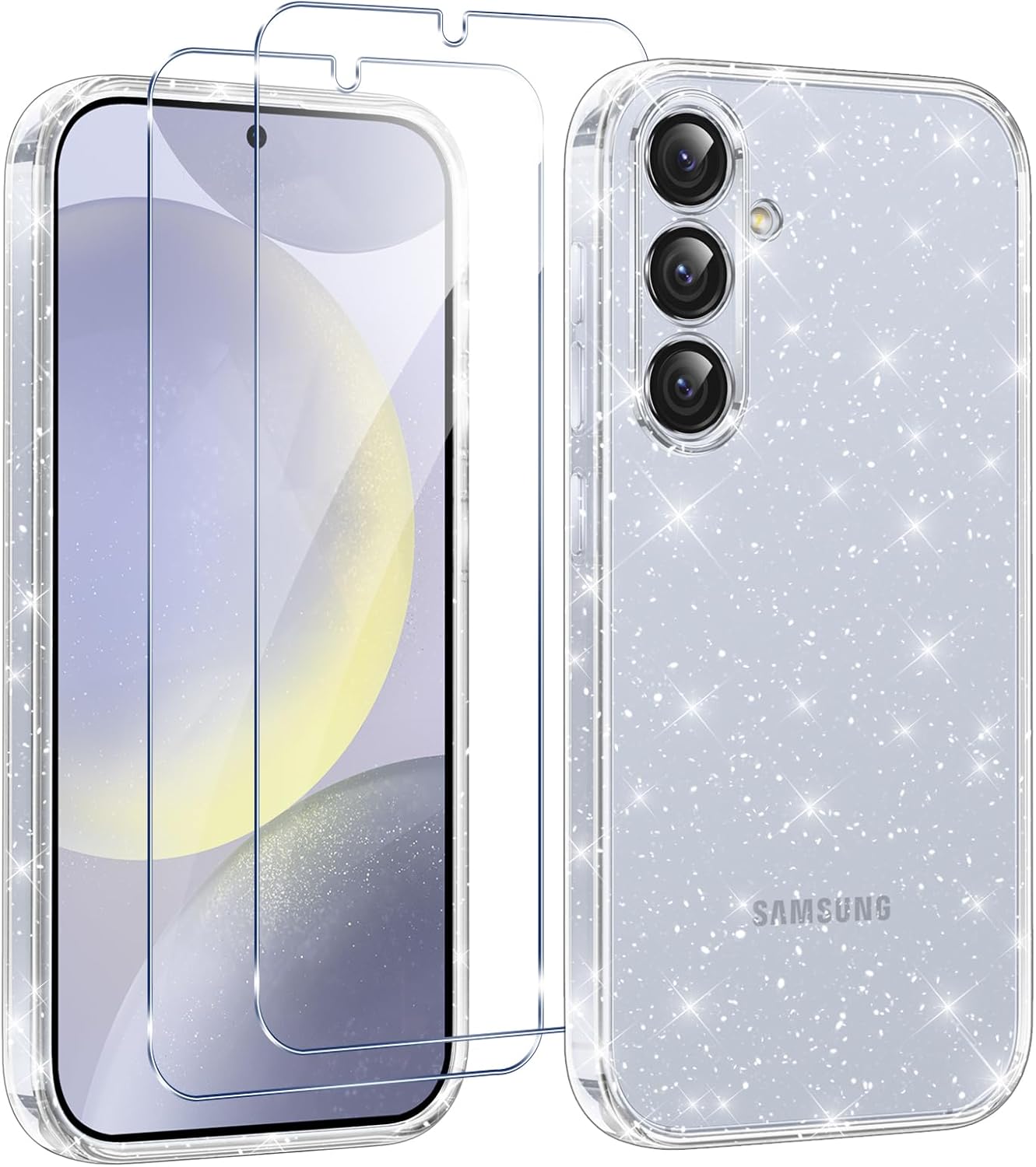 Coque samsung S24 - Étui Votvloay pour Samsung Galaxy S24 5G 6,2 pouces avec 2 pièces Protecteur d'écran en verre trempé, étui à paillettes transparente, Case brillante anti-rayures à paillettes pour les chocs pour Samsung S24 5G – Image 2