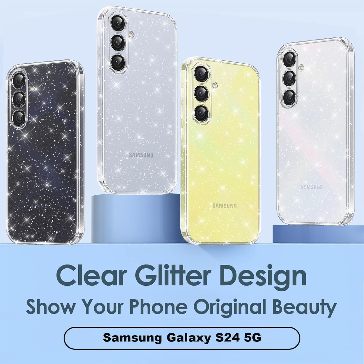 Coque samsung S24 - Étui Votvloay pour Samsung Galaxy S24 5G 6,2 pouces avec 2 pièces Protecteur d'écran en verre trempé, étui à paillettes transparente, Case brillante anti-rayures à paillettes pour les chocs pour Samsung S24 5G – Image 7