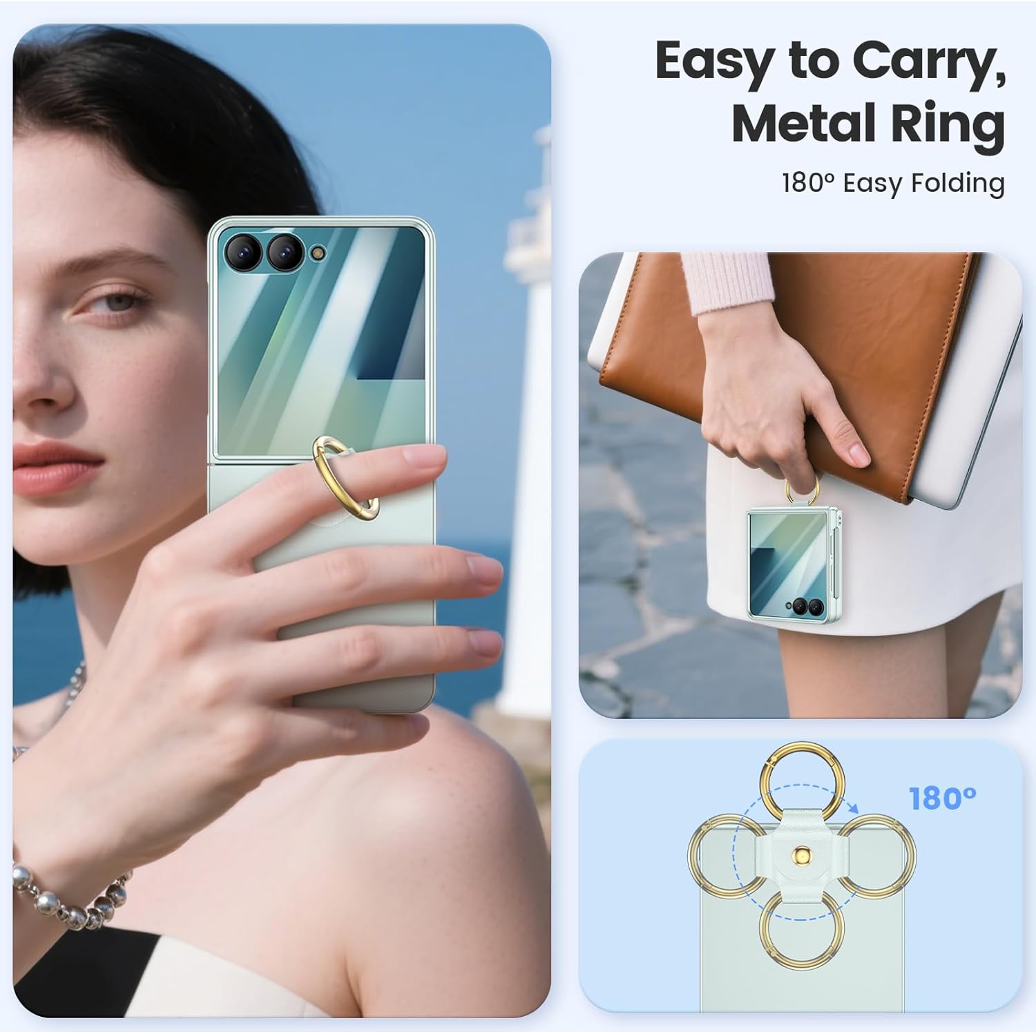 Case HWEGGO pour Samsung Galaxy Z Flip 7, boîtier avec protecteur et anneau d'écran extérieur, étui de protection PC léger ultra-clien, résistant aux chocs, résistant aux rayures pour Galaxy Z Flip 7 (Green Mint) – Image 7