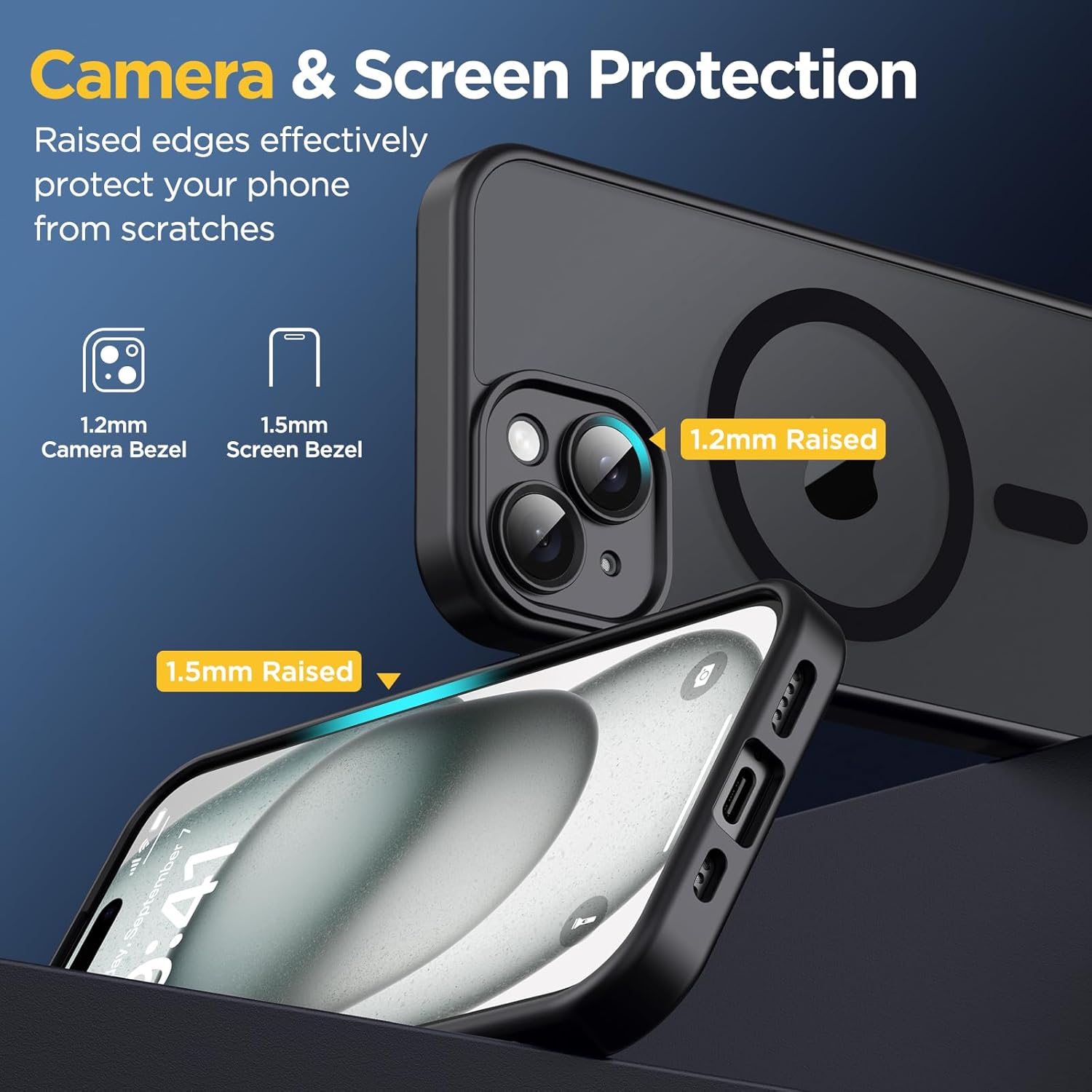Coque iPhone 15 - Oududianzi - Coque iPhone 15 Compatible avec MagSafe Magnétique, Translucide Givré PC Back Cover, TPU Silicone Bumper Case Antichoc Militaire Anti-empreintes digitales Protection - Noir – Image 6