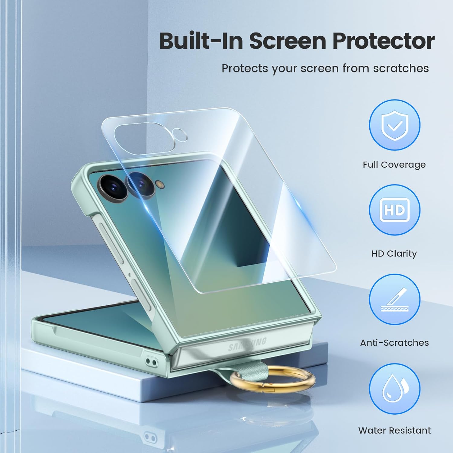 Case HWEGGO pour Samsung Galaxy Z Flip 7, boîtier avec protecteur et anneau d'écran extérieur, étui de protection PC léger ultra-clien, résistant aux chocs, résistant aux rayures pour Galaxy Z Flip 7 (Green Mint) – Image 4