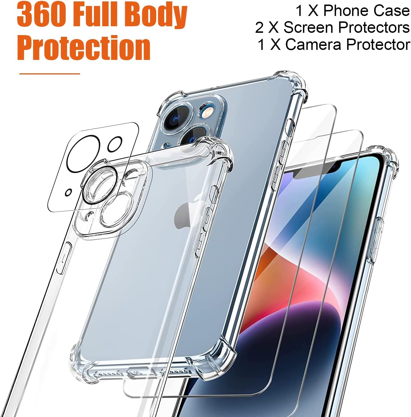 Coque iPhone 14 - Coque pour iPhone 14, Coque transparente pour iPhone 14 avec 2 films de protection d'écran en verre trempé et 1 protecteur de caméra arrière, coque en silicone TPU souple pour iPhone 14 6,1 pouces – Image 3