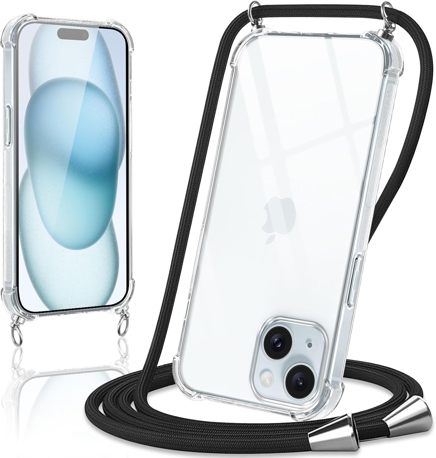 Coque iPhone 15 - Coiwxmoi Coque avec Cordon pour iPhone 15, Étui de Téléphone Ajustable avec Lanière Transparente Ultra Souple en Silicone TPU Antichoc Housse de Protection pour iPhone 15 6,1 Pouces, Noir – Image 2