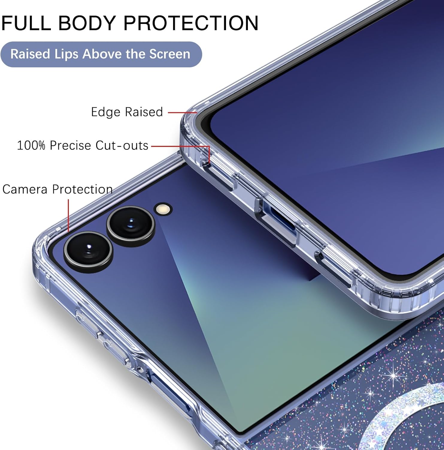 Veningo Samsung Galaxy Z Flip 7 Case compatible avec Magsafe, Samsung Z Flip7 Case de paillettes transparente, Protection complète sans glissement. – Image 3
