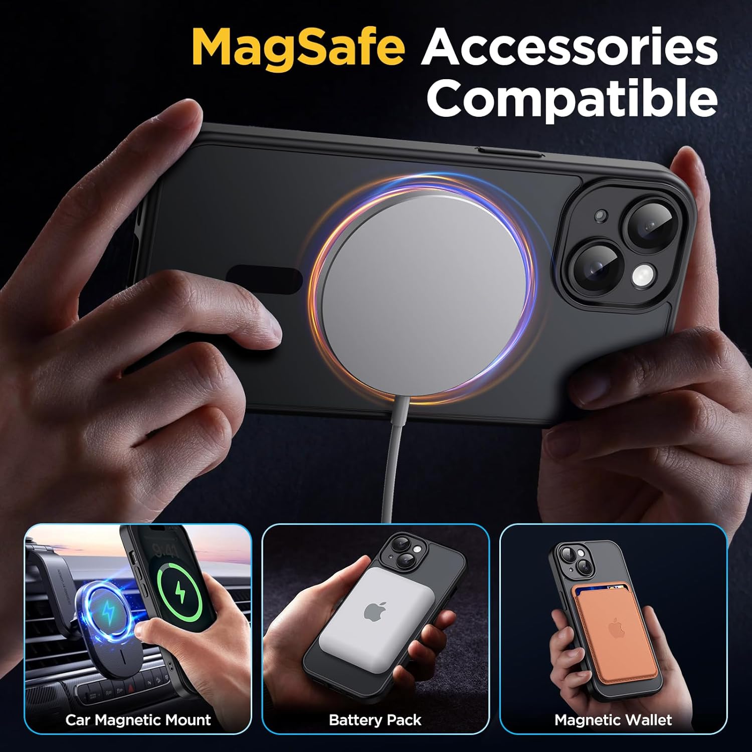 Coque iPhone 15 - Oududianzi - Coque iPhone 15 Compatible avec MagSafe Magnétique, Translucide Givré PC Back Cover, TPU Silicone Bumper Case Antichoc Militaire Anti-empreintes digitales Protection - Noir – Image 3