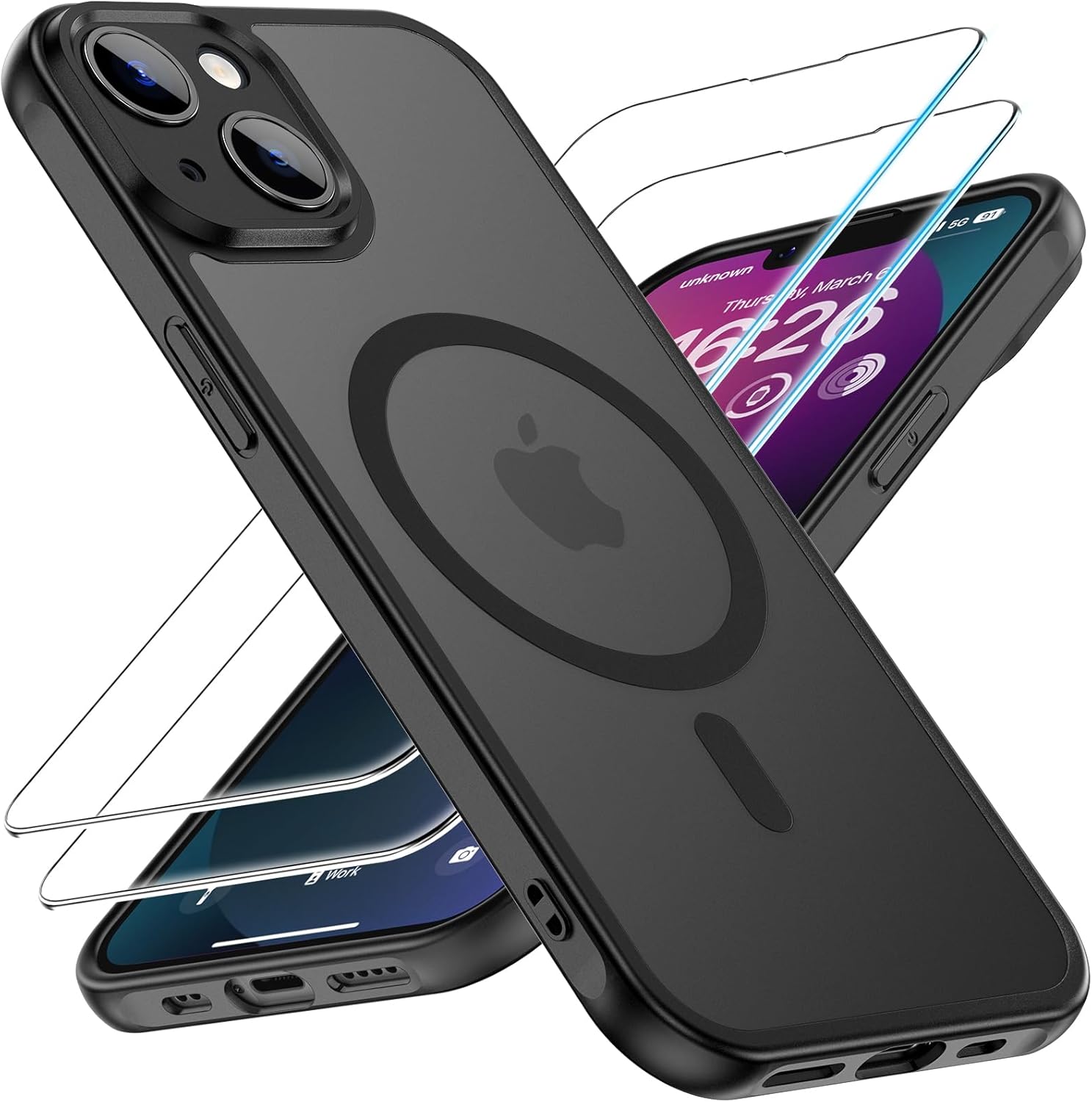 Coque iPhone 14 - YNMEacc Coque magnétique pour iPhone 14 avec 2 verres trempés, compatible avec MagSafe – Coque arrière translucide givrée anti-traces de doigts – Protection robuste (Noir) – Image 2