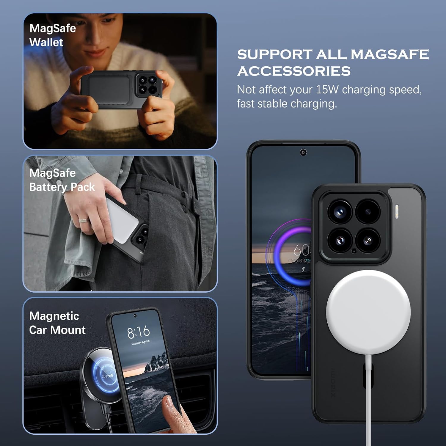 Étui yinlai pour xiaomi 15 5G, compatible avec Magsafe, couverture arrière mate translucide magnétique mince caméra protectrice de la caméra anti-amorçage pour xiaomi 15 5G 6,36 pouces, noir – Image 3