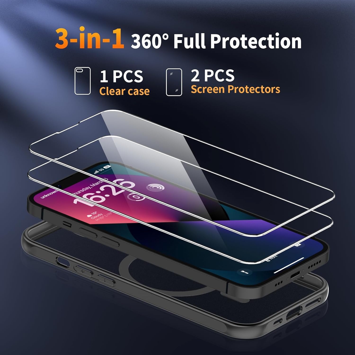 Coque iPhone 14 - YNMEacc Coque magnétique pour iPhone 14 avec 2 verres trempés, compatible avec MagSafe – Coque arrière translucide givrée anti-traces de doigts – Protection robuste (Noir) – Image 7