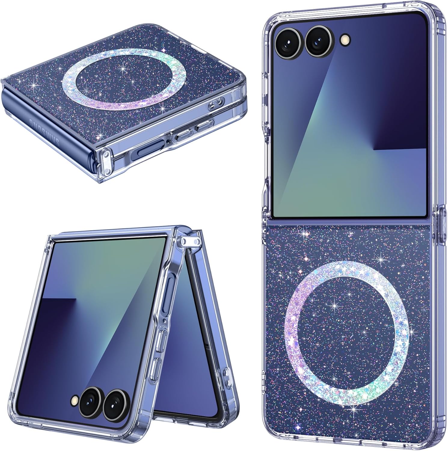 Veningo Samsung Galaxy Z Flip 7 Case compatible avec Magsafe, Samsung Z Flip7 Case de paillettes transparente, Protection complète sans glissement. – Image 2