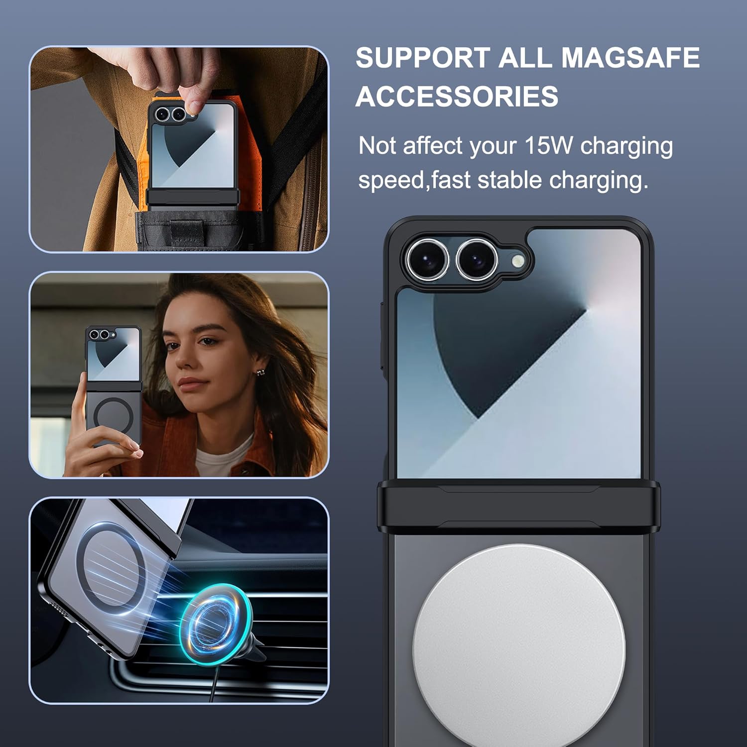 Effcotuo Coque Magnétique pour Samsung Galaxy Z Flip 7 5G avec MagSafe, Anti-Chute Silicone Souple + Acrylique Givré, Translucide Mat Back Case Cover Slim Antichoc - Noir – Image 5