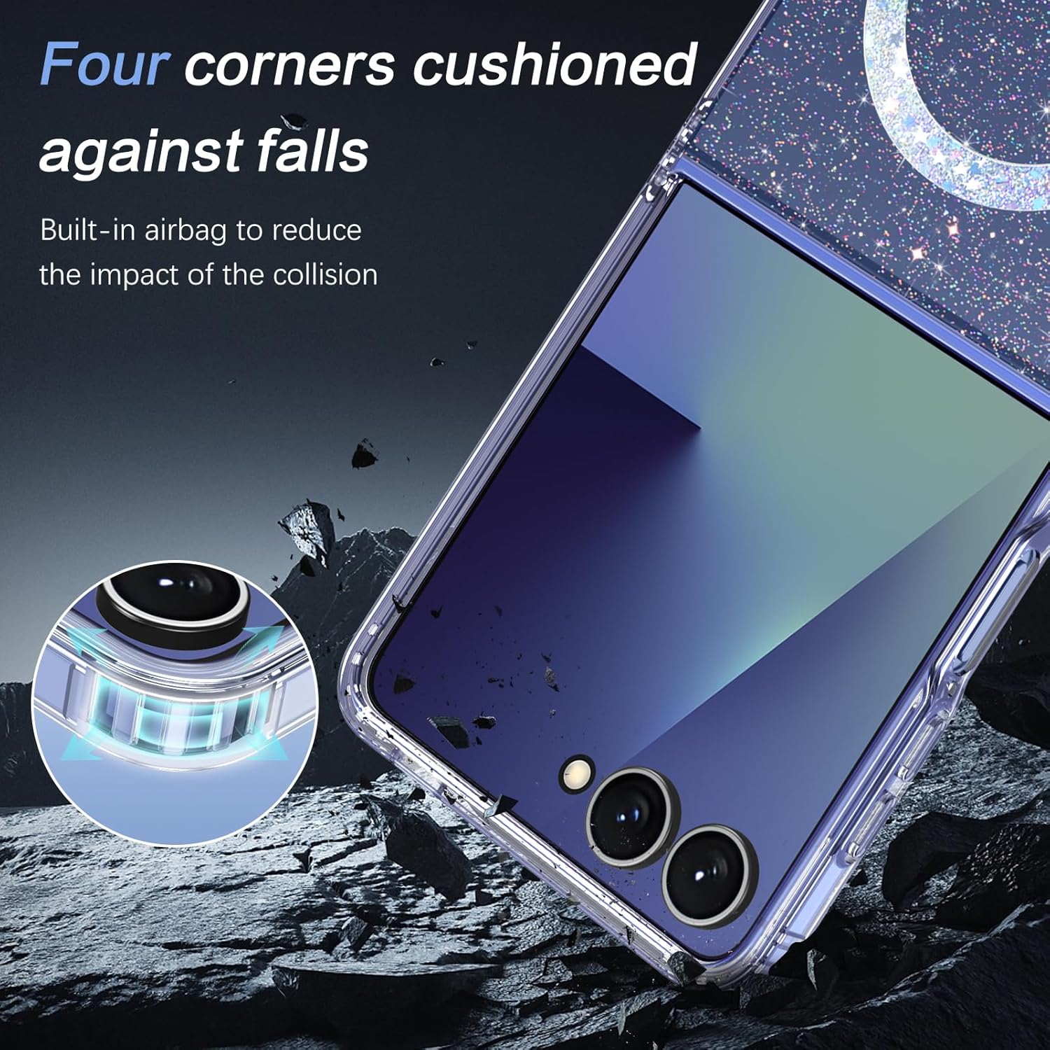 Veningo Samsung Galaxy Z Flip 7 Case compatible avec Magsafe, Samsung Z Flip7 Case de paillettes transparente, Protection complète sans glissement. – Image 4