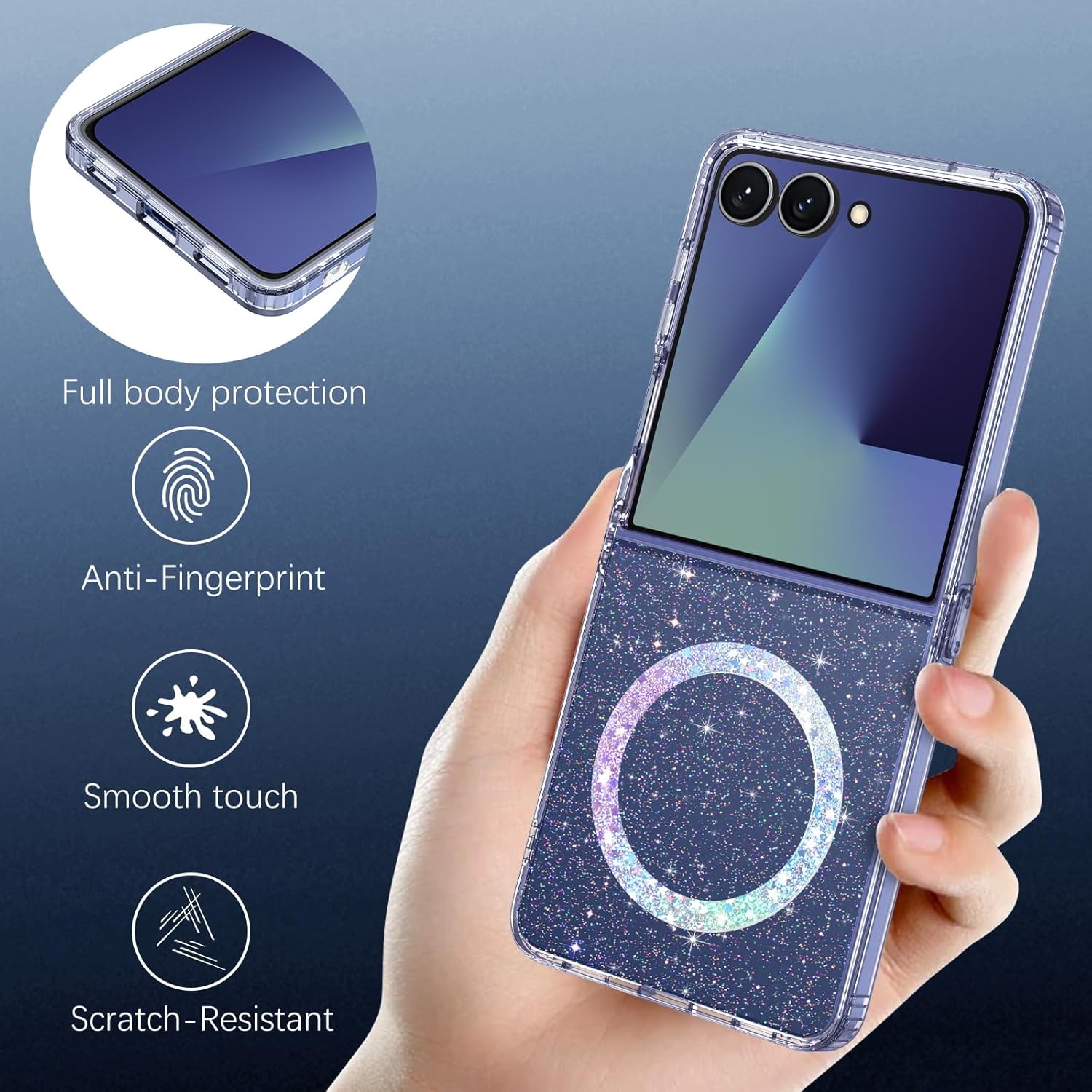 Veningo Samsung Galaxy Z Flip 7 Case compatible avec Magsafe, Samsung Z Flip7 Case de paillettes transparente, Protection complète sans glissement. – Image 5