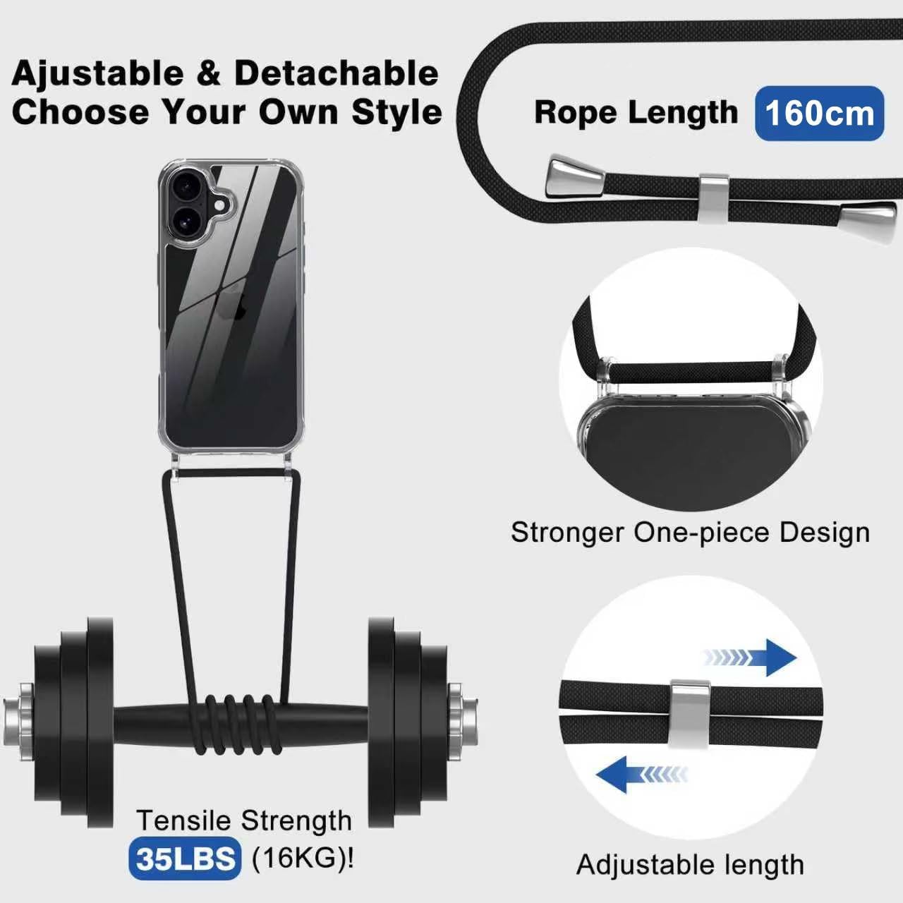 Coque iPhone 17 - Coque pour iPhone 17 avec cordon, transparente, anti-jaunissement, résistante aux chocs, coque de téléphone réglable avec lanière, coque de protection complète – Image 8