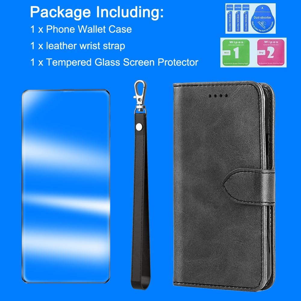 coque Samsung s25 Edge - Coque pour Samsung Galaxy S25 Edge avec protecteur d'écran en verre trempé, étui portefeuille en cuir polyuréthane TPU résistant aux chocs (béquille) (emplacements pour cartes), étui à rabat pour Samsung Galaxy S25 Edge - Noir – Image 8