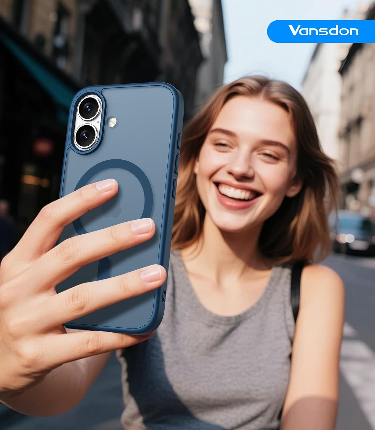 Coque iPhone 17 - Coque magnétique pour iPhone 17 avec 1 verre trempé, compatible avec MagSafe, protection contre les chutes de qualité militaire, coque translucide mate fine résistante aux chocs – Bleu foncé – Image 8