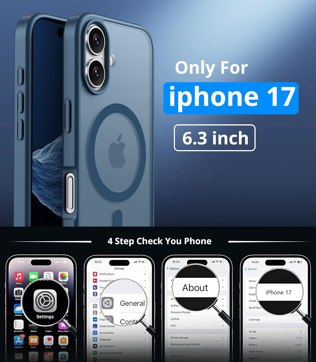 Coque iPhone 17 - Coque magnétique pour iPhone 17 avec 1 verre trempé, compatible avec MagSafe, protection contre les chutes de qualité militaire, coque translucide mate fine résistante aux chocs – Bleu foncé – Image 5