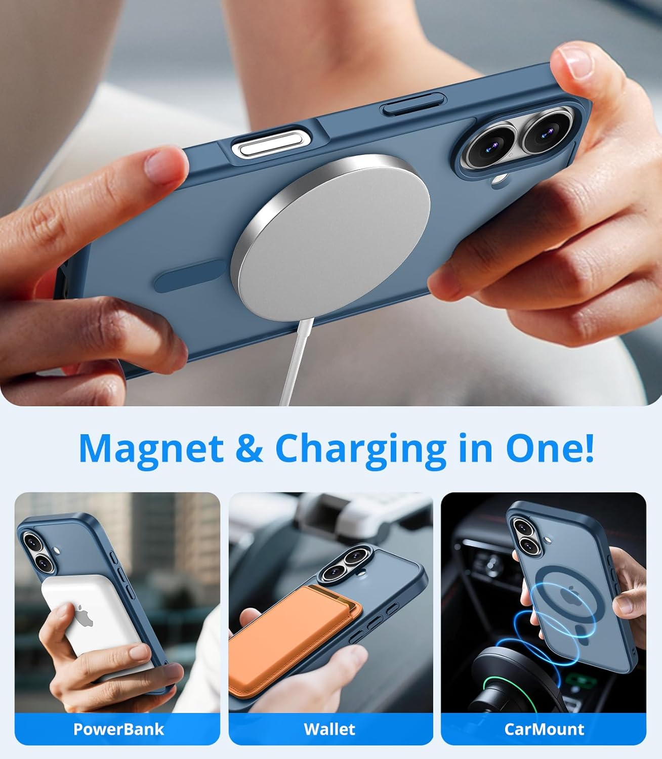 Coque iPhone 17 - Coque magnétique pour iPhone 17 avec 1 verre trempé, compatible avec MagSafe, protection contre les chutes de qualité militaire, coque translucide mate fine résistante aux chocs – Bleu foncé – Image 4
