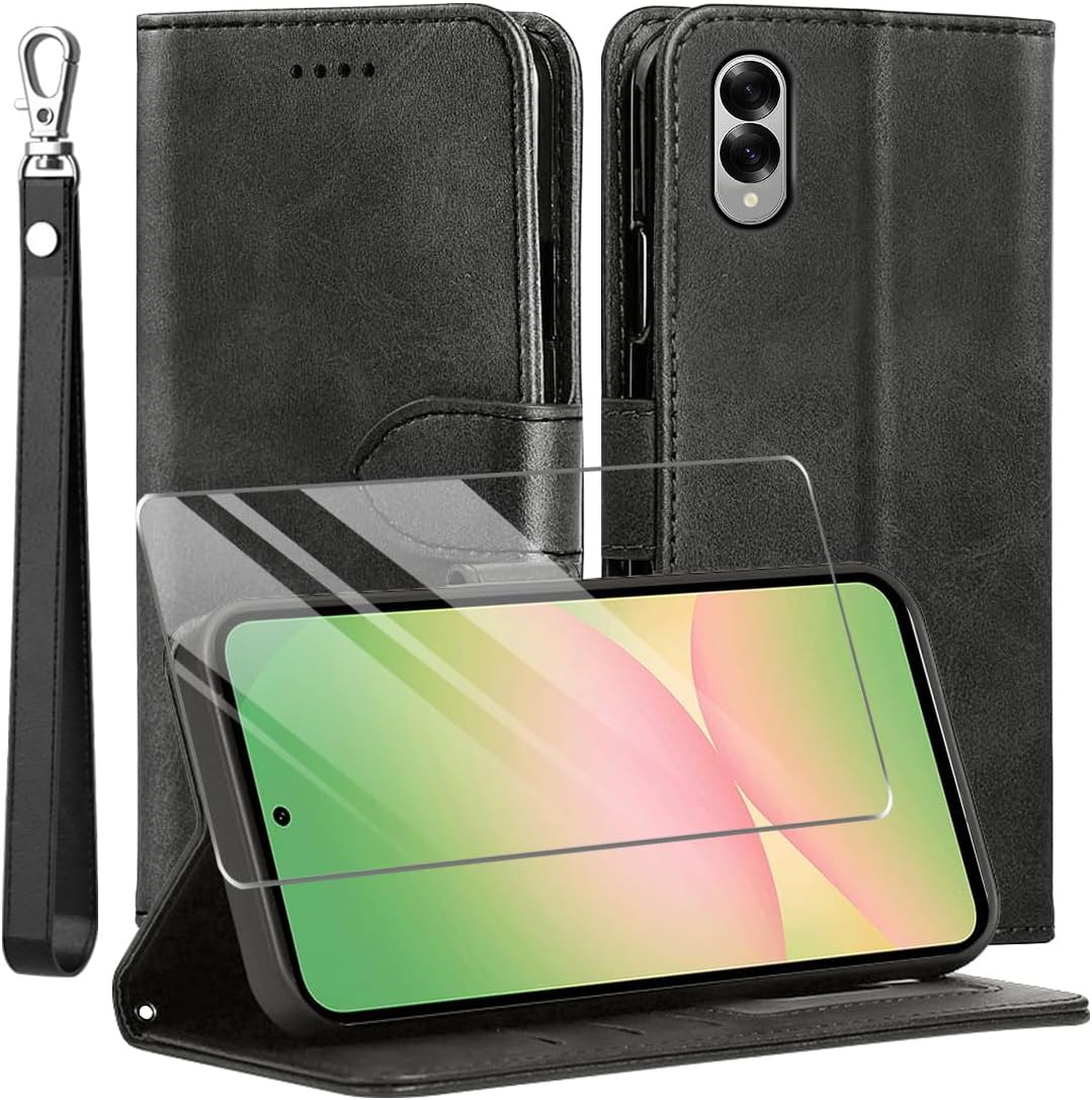 coque Samsung s25 Edge - Coque pour Samsung Galaxy S25 Edge avec protecteur d'écran en verre trempé, étui portefeuille en cuir polyuréthane TPU résistant aux chocs (béquille) (emplacements pour cartes), étui à rabat pour Samsung Galaxy S25 Edge - Noir – Image 2