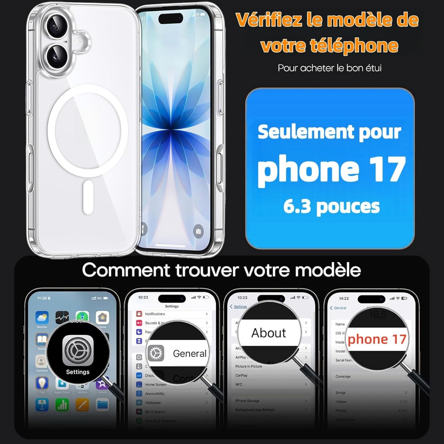 Coque iPhone 17 - Coque pour iPhone 17, 6,3 pouces avec 2 écrans en verre trempé, coque magnétique intégrée, protection anti-chocs et anti-rayures, coque transparente en TPU pour iPhone 17 (iPhone_17) – Image 6