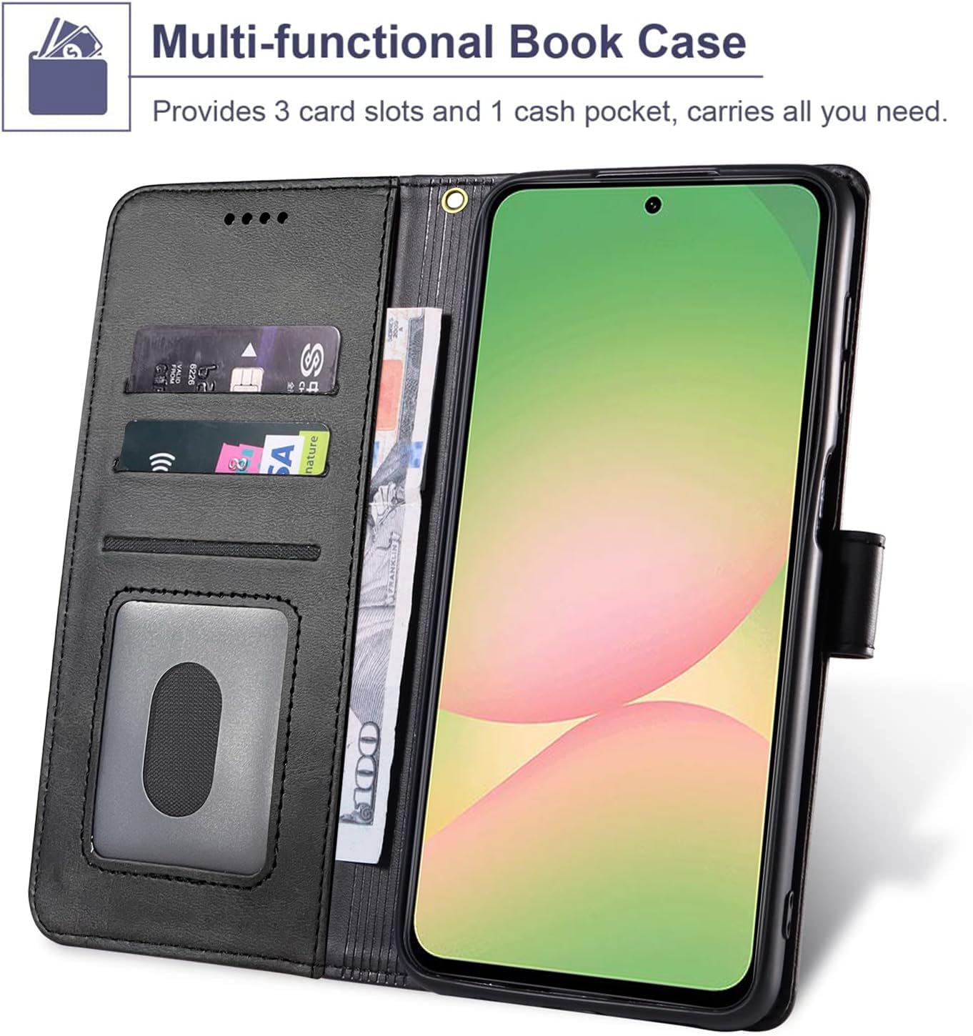 coque Samsung s25 Edge - Coque pour Samsung Galaxy S25 Edge avec protecteur d'écran en verre trempé, étui portefeuille en cuir polyuréthane TPU résistant aux chocs (béquille) (emplacements pour cartes), étui à rabat pour Samsung Galaxy S25 Edge - Noir – Image 3